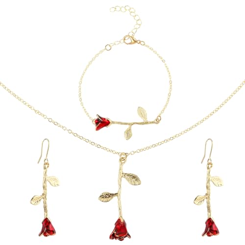 Conjunto de Joyería con Colgante de Rosa Collar con Rosa Roja para Mujer Aretes y Pulsera Vintage Joyería Chapada en Oro Rosa Regalos de Fiesta San Valentín Conjunto de Joyería Nupcial
