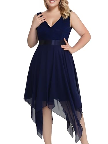 Image of Ever-Pretty Plus Women's V Neck Sleeveless Asymmetric Hem Lace Chiffon Short Summer Plus Size Wedding Guest Dresses Navy Blue US20