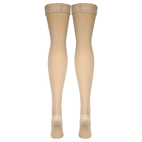 Image of Truform 20-30 mmHg Compression Stockings for Women, Lace Trim Band, Thigh High Length, Closed Toe, Medium