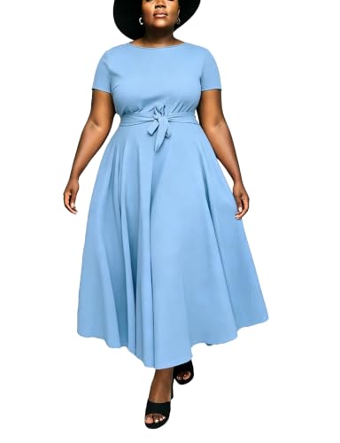 Image of Hostoyo Women Plus Size Formal A Line Maxi Dress Self Tie Waist with Pockets Elegant Round Neck Swing Long Dresses