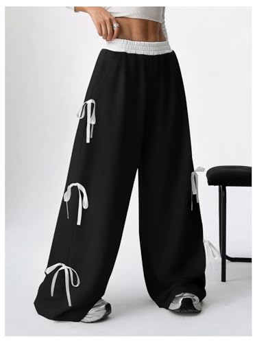 Verdusa Girl's Coquette Bow Wide Leg Baggy Pants Lightweight Cute Sweatpants with Pockets3