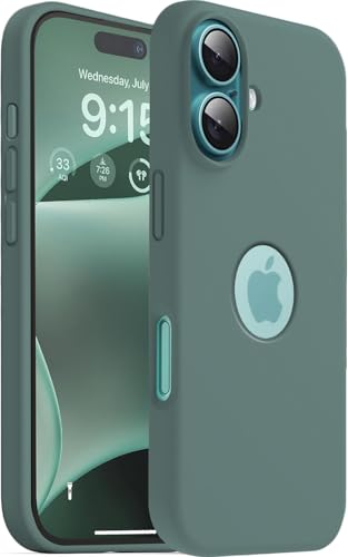 Image of VONZEE Microfiber Logo Cut Cover Compatible with iPhone 16 Plus Case, Liquid Silicone Full Body 4-Layer Protective Cover, Shockproof Back Case with High Raised Camera Lips, Phone Case, Pine Green