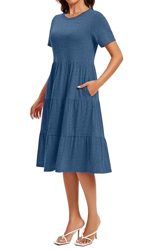 Image of Womens Summer Short Sleeve Crew Neck Midi Dress 2026 Casual Fit Flowy Tiered Beach Vacation Sundress with Pockets