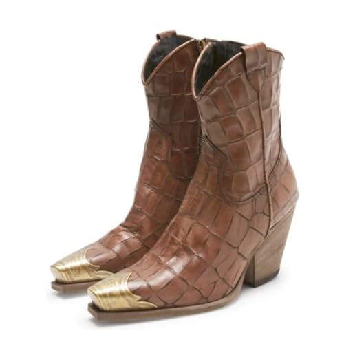 Image of keleimusi Women's Western Cowgirl Ankle Boots Stacked Block Heel Cowboy Booties Steel Toe Heeled Short Cowboy Boots Side Zipper Western Booties