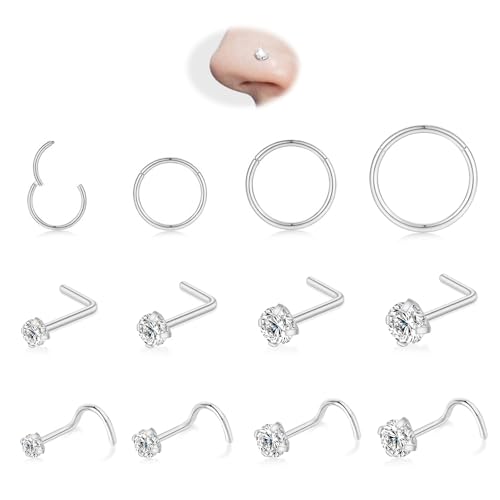PANSYIRIS 12PCS 18G Nose Ring Hoop 20G Nose Studs Sets, 316L Surgical Steel Hypoallergenic CZ Hinged Clicker L Shape/Corkscrew Nose Studs Piercing Jewelry for Women Men Silver