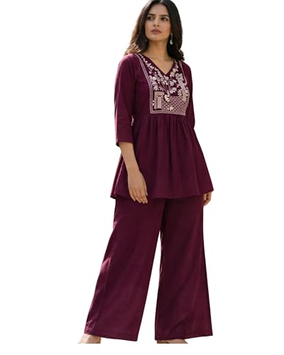 Image of Women's Rayon Kurti Set with Palazzo Pants | Embroidered V-Neck A-Line Short Kurti with 3 /4 Sleeves | Casual Ethnic Co-Ord Set for Daily Wear, Office & Festive