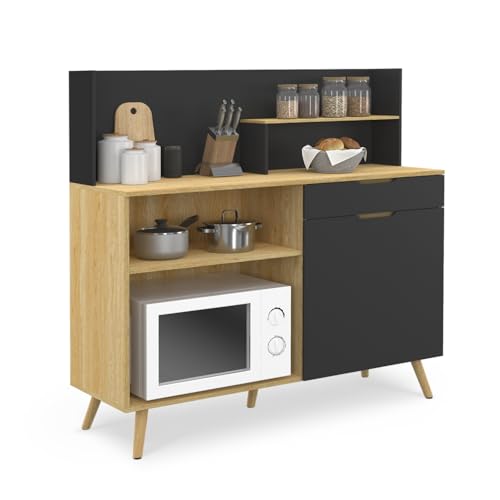 IDMarket - Buffet - Fondo de cocina, 120 cm, Olaf encimera H.83 cm, 1 puerta + 1 cajón de madera de haya y negro