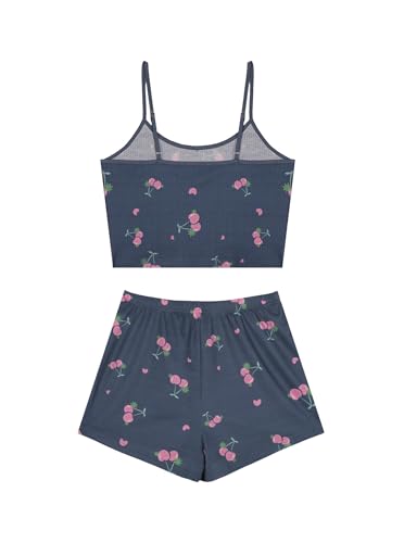 Image of Hilinker Womens Graphic 2 Piece Pajama Set Summer Cute Crop Cami and Shorts Ribbed Lounge Sets