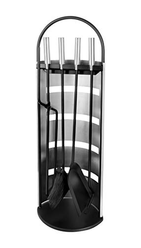 ADGO Set Toolbox Set da Camino Attrezzi da Caminetto Stufa Grill 5 Pezzi: Stand, Poker, Spatola, Spazzola, Pinze, Acciaio Inossidabile Forgiato Metallo Moderno Moderno, Nero Argento