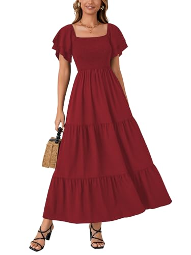 Image of LYANER Women's Square Neck Midi Dress | Summer Ruffle Short Sleeve Smocked Tiered Ruched Flowy A Line Party Casual Dresses