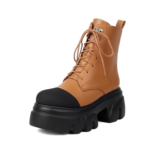 Women's Leather Black Platform Dressy Combat Boots Lightweight Gothic Round Toe Zipper Block Chunky Heel Lug Sole Lace Up Goth Ankle Boots