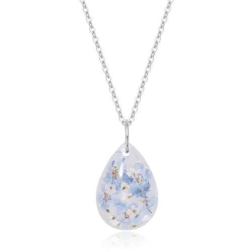 KBFORU Forget Me Not Necklace - Resin Necklace Handmade Pressed Flower Necklaces - Forget-Me-Not And Queen Anne'S Lace Wildflower Pendant Necklaces,Teardrop Silver- 18''