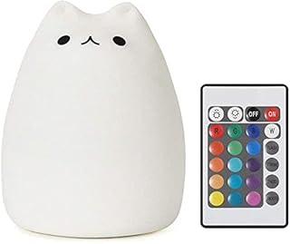  Children Multi-Colour Night Light with Remote,Silicone LED Cute Cartoon Cat Lamp, Warm White/12 Single Colours/7 Colours Changing, Brightness Adjustable, USB Rechargable