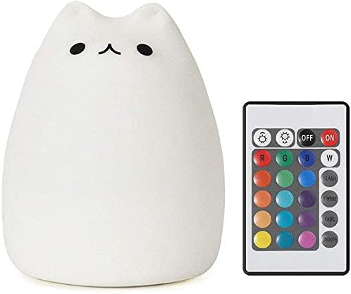  Children Multi-Colour Night Light with Remote,Silicone LED Cute Cartoon Cat Lamp, Warm White/12 Single Colours/7 Colours Changing, Brightness Adjustable, USB Rechargable