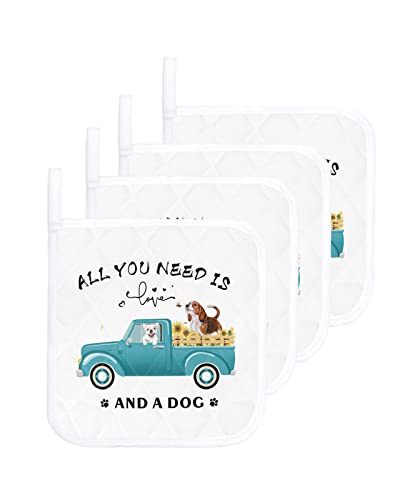4 PCS Pot Holders with Hanging Loops, Blue Truck with French Bulldog Sunflower Fence Heatresistant Potholders Coasters Mat for Kitchen Cooking Baking BBQ White All You Need is Love and A Dog