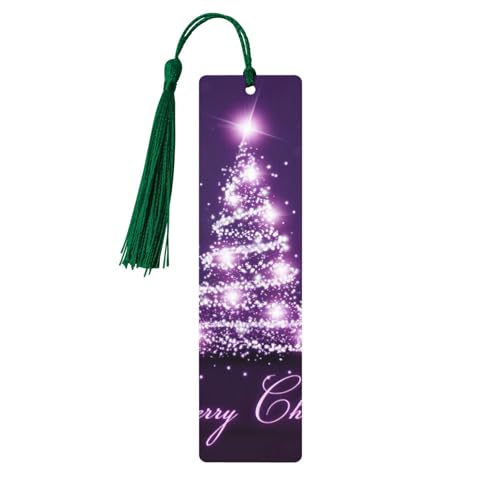 クリスマスパープルツリープリント タッセル付き木製ブックマーク 5個 読書ページマーカー ブックマーク、男性女性へのギフト。