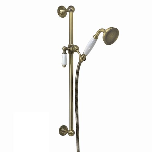 Image of ENKI ES029 Traditional Shower Slider Rail Kit with Ceramic Lever Antique Brass White Ceramic