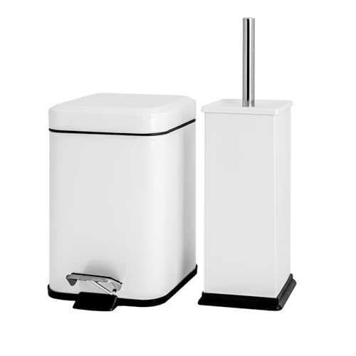 Harbour Housewares Bathroom Bin & Brush Set - White - 2pc Square Stainless Steel Pedal Bin & Toilet Brush Set Slim Small Trashcan for Kitchen Waste Bathroom Rubbish