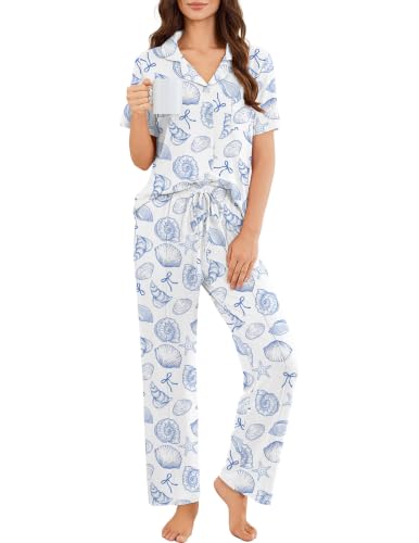 Image of Ekouaer Pajamas for Women Set Button Up Short Sleeve Pjs Sets With Pockets | Soft Womens Sleepwear,V Neck,Notch Collar,2 Piece Classic Loungewear With Long Pant for Sleep,Lounge,Fall