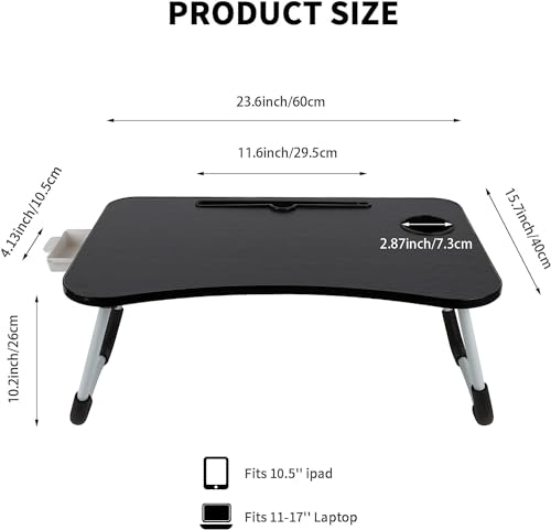 Image of TEKCOOL Study Table Foldable Wooden Laptop Bed Tray Table, Multifunction Lap Tablet Desk with Cup Holder, Perfect for Eating Breakfast, Reading Book, Working, Watching Movie On Bed;