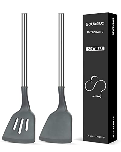 2 Stück Silikon-Wokspatel, fest und geschlitzt Spatel-Set, Antihaft-BPA frei hitzebeständig Basting Edelstahl Griff Küchenutensilien zum Kochen, Backen, Wenden Eier, Pfannkuchen, Burger, Fisch Cover