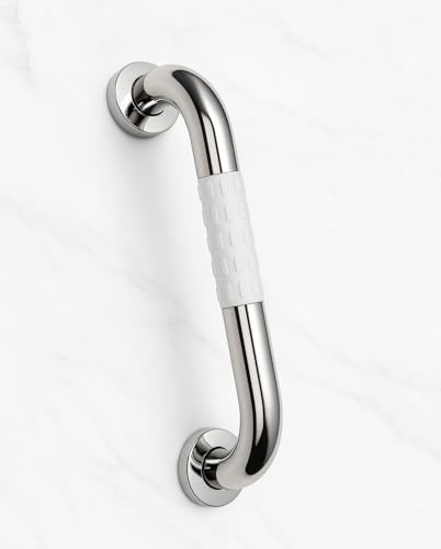 Image of BATH GURU Heavy Duty High Grade Rustproof Stainless Steel Safety Bathroom Grab Bar handle for Senior Citizen, Anti-Slip Grip, Wall Mounted Support Rail for Toilet Shower, Bathtub (White Grip, 12 Inch)