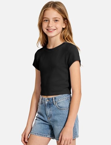 Image of Auranso Girls Crop Tops Kids Short Sleeve T-Shirts Basic Summer Tee Top