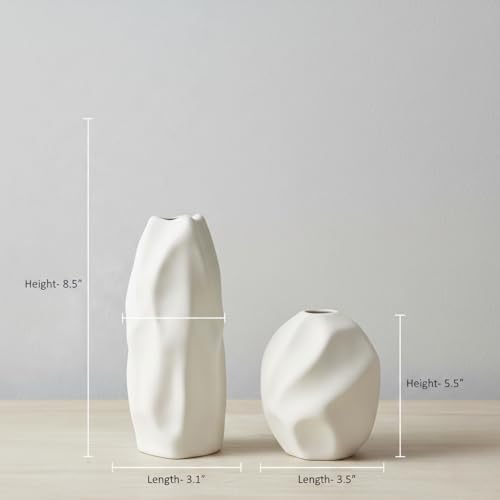 Image of PUREZENTO 'Mudstone' White Ceramic Vase - Set of 2 | Centerpiece & Showpiece Vases for Home Decor, Bedroom, Bookshelf & Tabletop Styling | Decorative Vase for Pampas Grass, Dried & Artificial Flowers