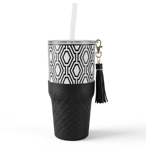Biddlebee 30oz Black and White Geometric Tumbler with Straw and Lid – Modern Insulated Stainless Steel Cup for Women – Giftable Water Bottle with Vegan Leather Tassel Charm – Stylish Holiday Gift