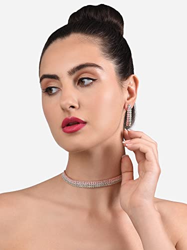 Image of Ami Green and Pink Dazzling Cubic Zirconia Party Bling Necklace and Earring Set For Women-ZPFK19696