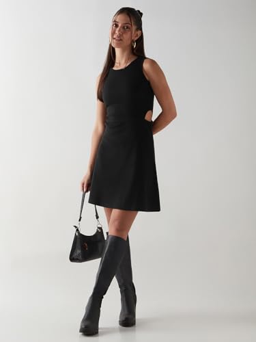 Image of Bewakoof Women's Above Knee Solid Slim Fit Sleeveless Round Neck Cotton Blend Bodycon Dress