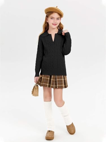 Image of Girls Sweaters Kids Fashion Cable Knit Collared V Neck Pullover Sweater Tops 5-14 Years