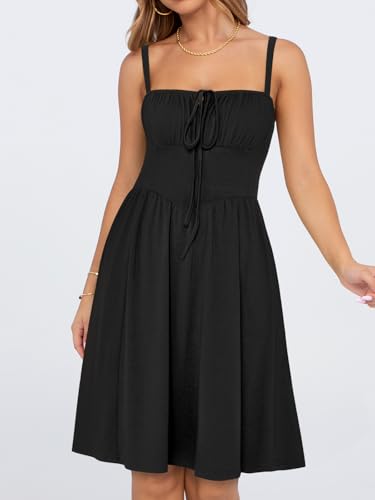 Image of YATHON Summer Mini Corset Sun Dress for Women Short Casual Square Neck Lace Up Floral Beach Vacation Dresses with Pockets