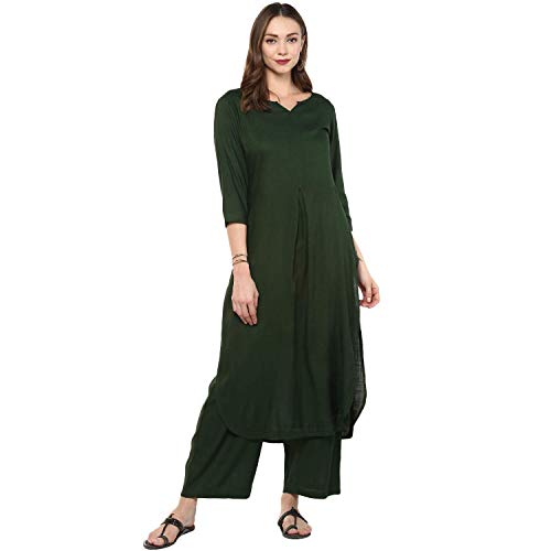 Image of idaLia Rayon Solid Straight Brown Kurta Set for Women with Palazzo 3 /4 Sleeve, Round V Neck Designer Kurta with Palazzo Pant Set