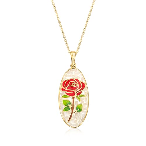Ross-Simons Moonstone and Multicolored Enamel Rose Mosaic Pendant Necklace in 18kt Gold Over Sterling. 18 inches