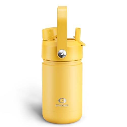 Kids Insulated Water Bottle with Straw - 12oz Stainless Steel Water Bottle with Dual Spouts, Leak-Proof, BPA-Free, Double Wall Vacuum Keeps Cold for 24 Hours for Sports, Travel, School (Elfin Yellow)