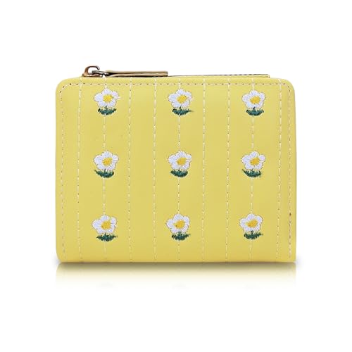 Small Wallets for Women, Bifold Minimalist Card Holder with Coin Pocket Muti Card Slots Floral Print Coin Purse (Yellow)