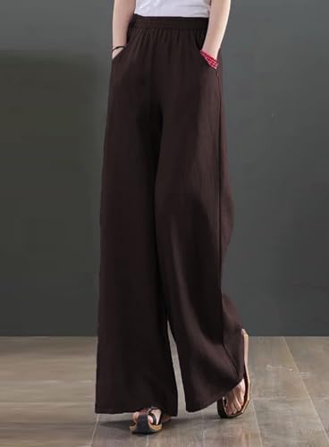 Image of KOTTY Women's Crumble Fabric High Waist Solid Color Drawstring Wide Leg Trousers Loose with Pockets
