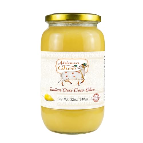 Ahimsa Ghee - Pure Indian Desi Cow Yogurt Based Cultured A2 Ghee, Grass Fed, Cruelty Free, Premium - Clarified Butter (32 Fl oz)