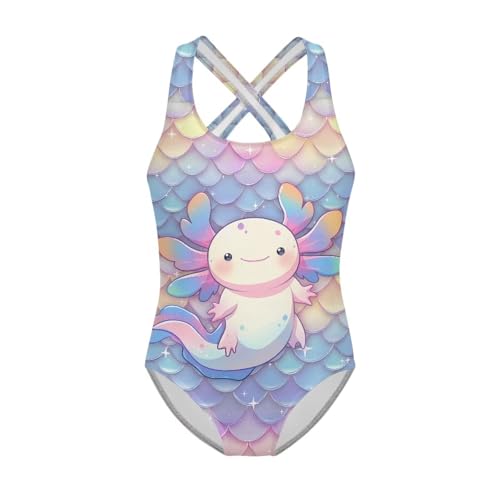JUDENTIDOS Mermaid Scale Axolotl One Piece Swimsuit Girls Bathing Suit 5-14Y Kids Swimwear Cute Swimsuits Bathing Suits
