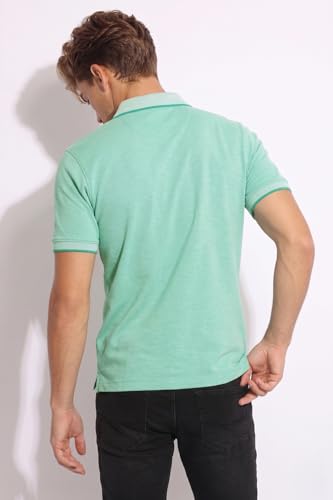 Image of Peter England Men's Premium Regular Fit Half Sleeve Polo T-Shirt with Pocket | Cotton Rich | Birds Eye Interlock Weave