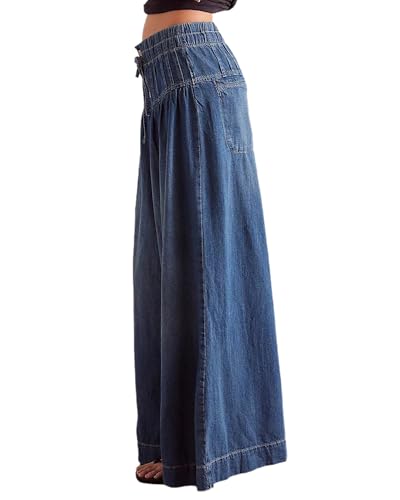 Women's Baggy Wide Leg Jeans Elastic Mid Waisted Drawstring Loose Fit Casual Denim Pants2