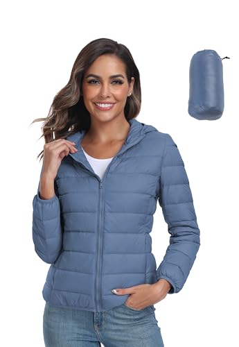 Valennia Women's Short Down Coat Packable Puffer Jacket With Hooded Winter Ultra Light Outerwear SmogBlue M