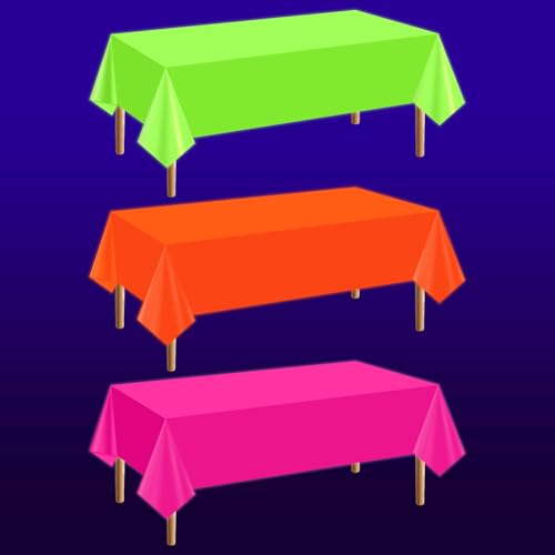 mwellewm 3 Pcs Neon Table Cloths Disposable Neon Party Decorations Pink Orange Green Glow in the Dark Table Cloths Plastic Tablecloths Rectangular Table Cover Glow Party Supplies for Birthday 54x108