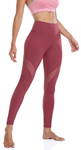 Anwel Leggings Handytasche Damen Sweathose Push up mesh Leggings Fitness Hose Hoher Bund Jogginghose Slim fit Rot L