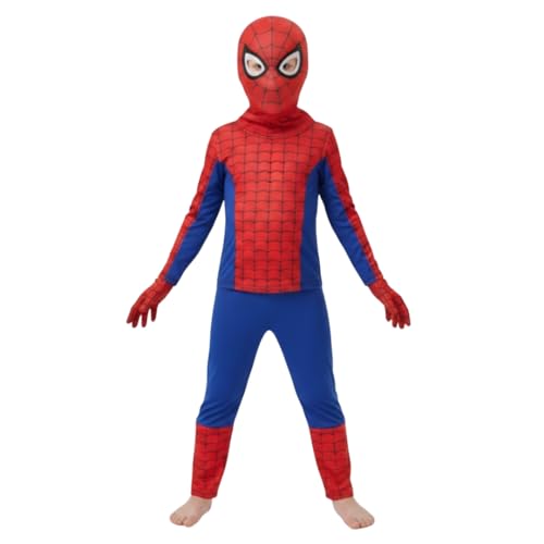 Image of ITSMYCOSTUME Superhero Costume for Kids Boys Girls | 4-Piece Fancy Dress Set with Mask & Gloves | Print Red Blue Suit | Birthday School Party Cosplay | Polyester Stretch Fit | 2-8 Years