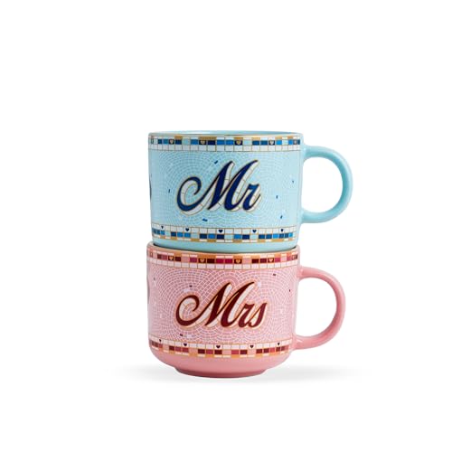 Shay Ceramic Mr Mrs Mugs, Set of 2, 350ml, Pink Blue | Couple Coffee Cups | Large Mugs | Glossy Finish | Premium Ceramic Coffee Cup (Mr & Mrs - Pink & Blue)