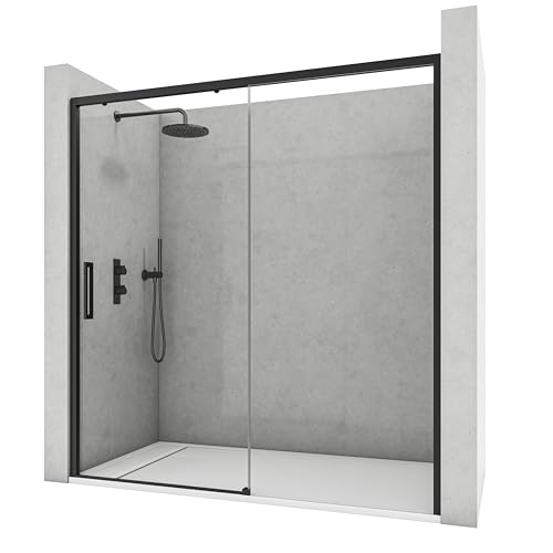 NEBADOON | Mamparas de Ducha - 1 Puerta Corredera + 1 Fijo - Mampara de Ducha Corredera - Perfilería Negra Mate - 124 a 128 cm (Ancho Adaptable 4 cm) x 195 cm (Alto) - Posición Puerta Izquierda