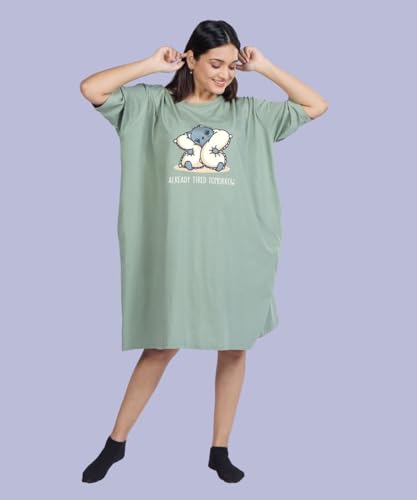 Image of LAMA STORE Women's Printed Oversized T-Shirt Dress, Cotton, 3 /4 Sleeve Length, Casual Loose Fit, Comfort Wear Extra Comfy Oversized Printed Pocket T-Shirt Dress