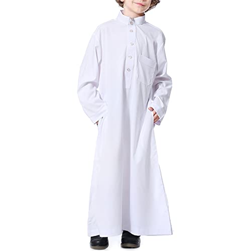 crazynekos Kids Thobe for Muslim Boys Arab Tobes Long Sleeve Kaftan Embroidered Robe with Pockets Islamic Arabic